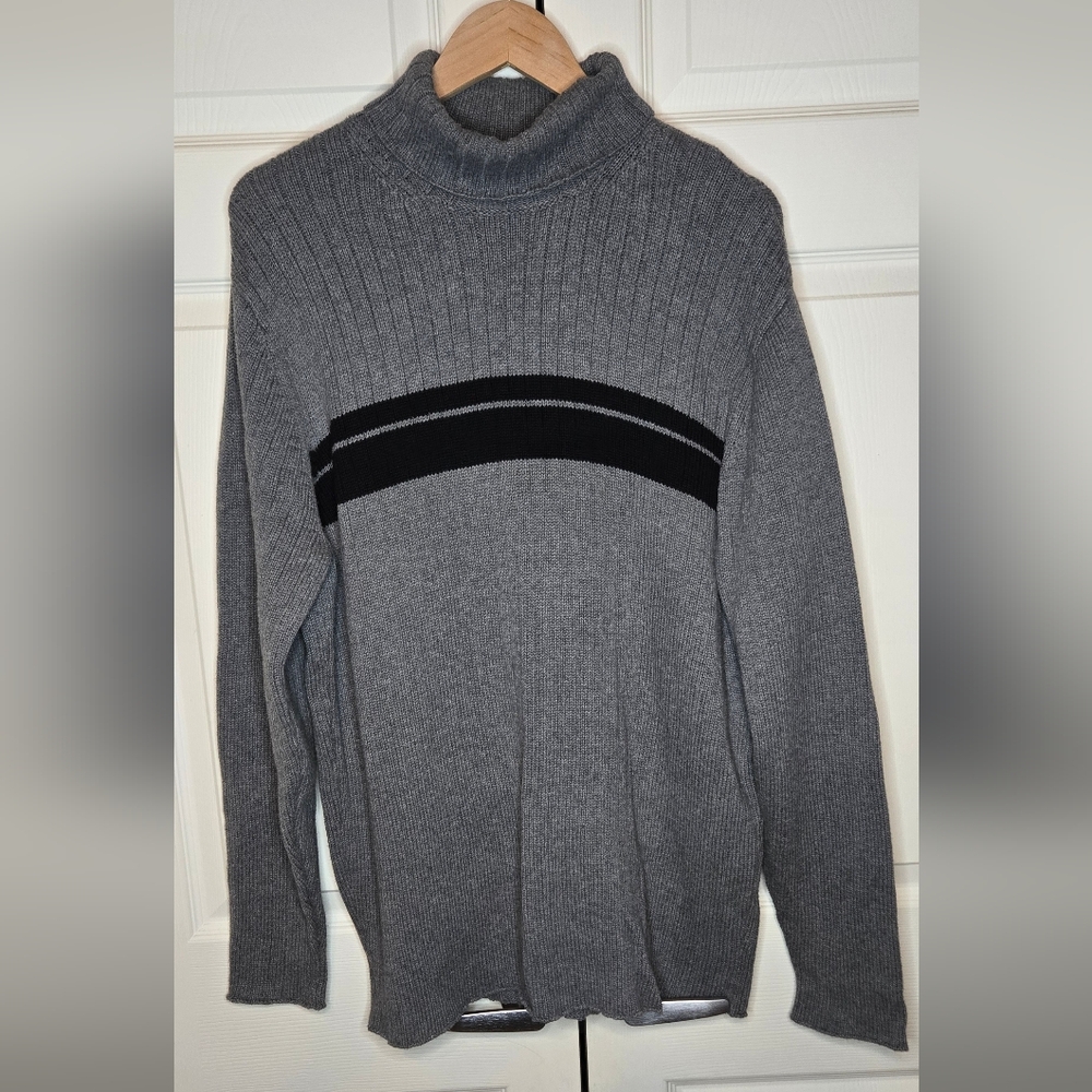Vintage Old Navy Men’s Turtleneck Sweater – Gray with Black Stripe – Size XL